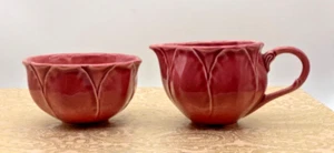 Pink Leaf Shaped Scalloped Rim Cream and Sugar, Senegal China, 2” - Picture 1 of 7