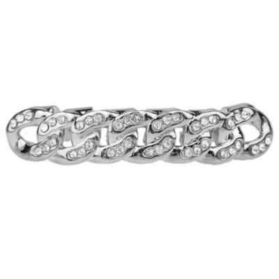 Cuban Link Grillz Full Stone Bottom Blinged Silver Tone Teeth Hip Hop Grills - Image 1 of 4