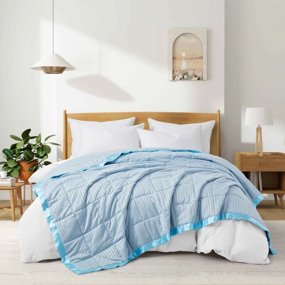 Hotel Oversized Bed Blanket Jacquard Strip Satin Edge, King or Queen Comforter - Image 1 of 4