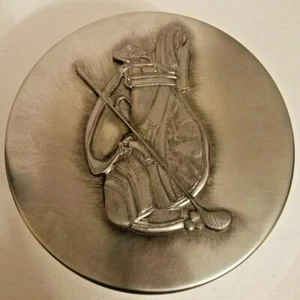 Vintage Metzke runde silberne Metalldose mit Golfbag Schläger Zinndeckel 1980er Made in USA - Bild 1 von 5