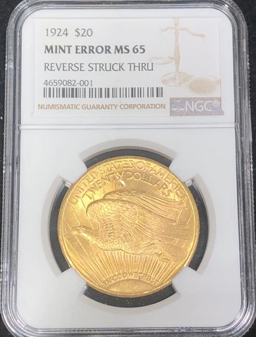 1924 $20 St. Gaudens Gold Double Eagle Mint Error MS 65 Reverse Struck Thru Cover