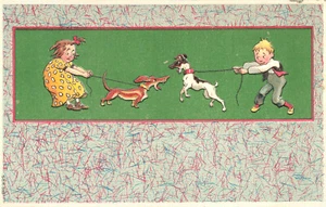 Boy & Girl Holding Back Their Dogs Embossed Postcard - Picture 1 of 2