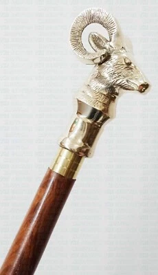 Nuevo bastón de madera de 3 pliegues con mango de cabeza de cabra de montaña de latón pesado de colección Foto 1 de 4