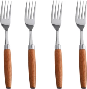 Wooden Handle Stainless Steel Flatware Set, Metal Forks for Home Kitchen Restaur - Picture 1 of 5