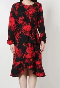 NWT London Times Women's Red Floral Side Tie Ruffle Black Dress Size 6 - Picture 1 of 11