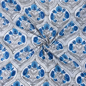 Grey Blue Hand Block Floral Print Fabric Indian 100% Cotton Crafting Clothing - Picture 1 of 6