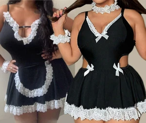 Plus Size Women Sexy Lingerie Waitress French Maid Cosplay Uniform Set Role Play - Picture 1 of 47