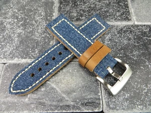 24mm BIG CANVAS LEATHER STRAP Blue Denim Watch Band White Stitch BREITLING - Picture 1 of 5