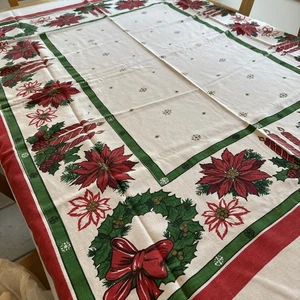 Vintage MCM Christmas Rectangle Tablecloth Wreath Poinsettia Candle 57 x 51 - Picture 1 of 9