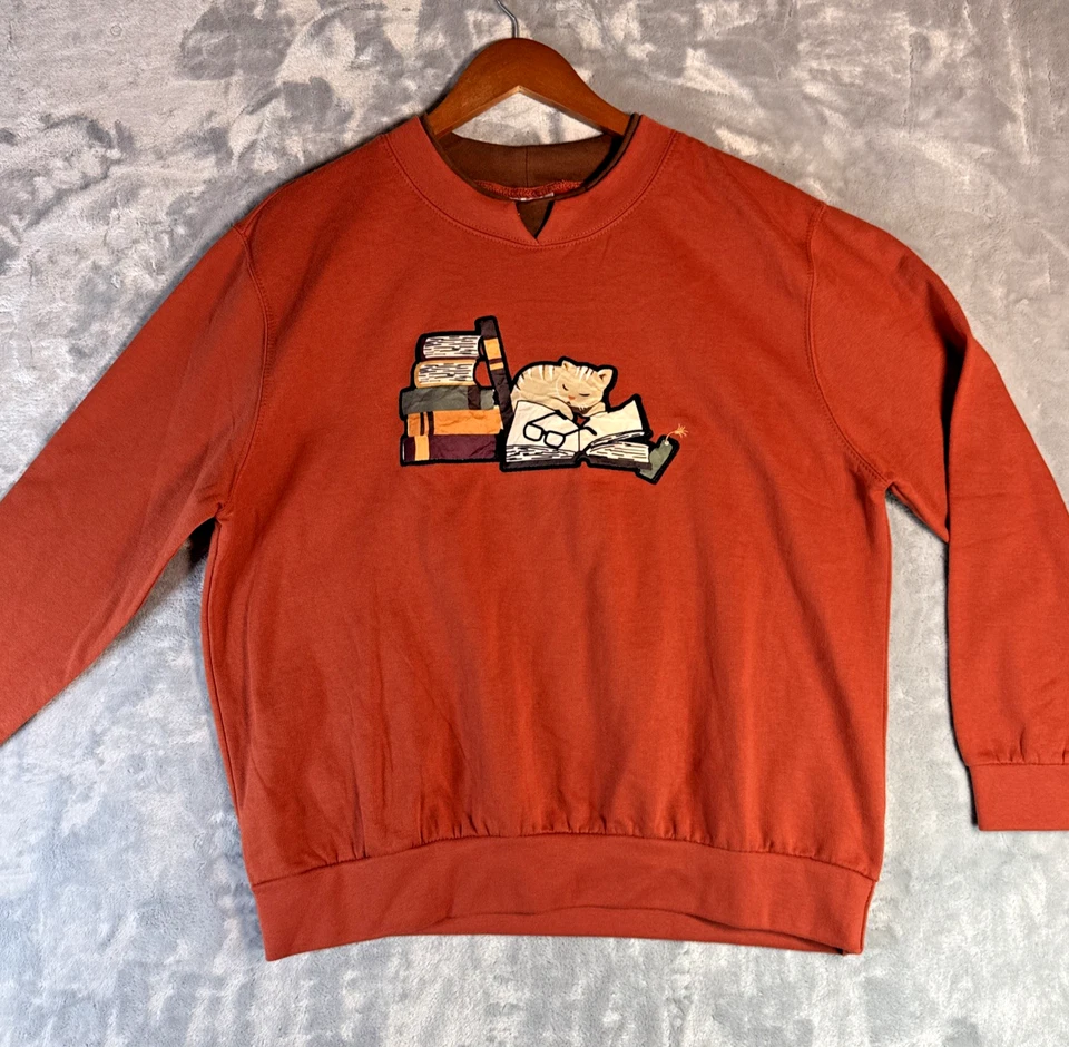 Винтажный Cat книга чтения очки ворота толстовка двойной воротник 80-х 90-х - Изображение 1 из 4