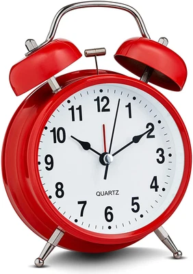 Bernhard Products Analog Alarm Clock 4" Twin Bell Vintage Red Silent Non-Ticking - Image 1 of 4