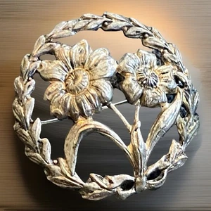 Vintage Sterling Silber Rose Blumen Kranz Brosche Anstecknadel - Bild 1 von 6
