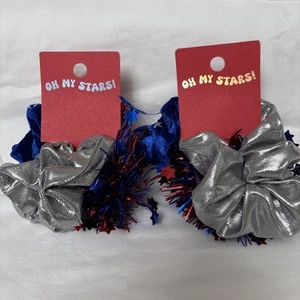 2 Sets 3 Hair Scrunchies 4th Of July Red Blue Tinsel-Blue w/Silver Stars-Silver - Picture 1 of 5