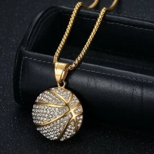 Hip Hop Basketball Pendant Necklace Stainless Steel Gold Plated Sports Jewelry - Picture 1 of 16