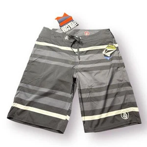 Volcom Gray Striped Board Shorts Size 32" 4 Way Stretch Trunks Retro Y2K - Picture 1 of 4