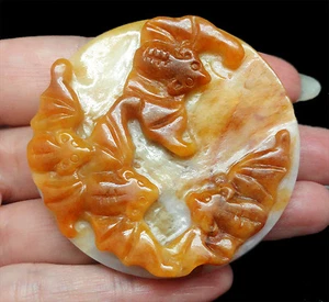 RAR! Natürliche BURMA ROTE "A" JADE Glücksfledermäuse Schnitzerei Kamee 4 Schmuck / Sammlerstück - Bild 1 von 3