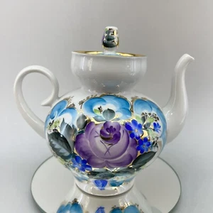 Russian Imperial Royal Lomonosov Hand Painted Floral Porcelain Teapot USSR blue - Picture 1 of 12