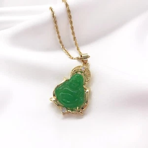 Good Fortune Wisdom Gold plated Jade laughing Buddha Pendant Necklace, Stainless - Picture 1 of 7