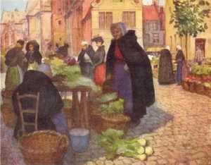 BELGIUM. Vegetable market, Brugge / Bruges 1908 old antique print picture - Picture 1 of 1