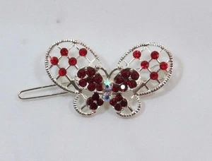 Butterfly Hair Clip Barrette Silver tone Red Rhinestone Z - Picture 1 of 1