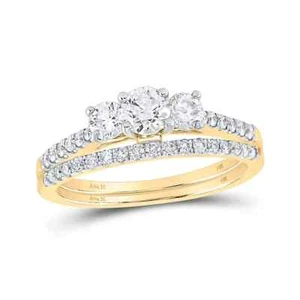 1 Cttw Round Diamond Three Stone Bridal Wedding Ring Band Set 14k Yellow Gold - Picture 1 of 2