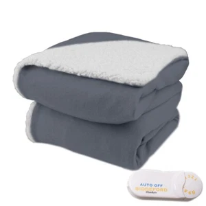 Biddeford Comfort Knit Throw Electric Heated Throw Blanket Natural Sherpa Gray - Picture 1 of 4