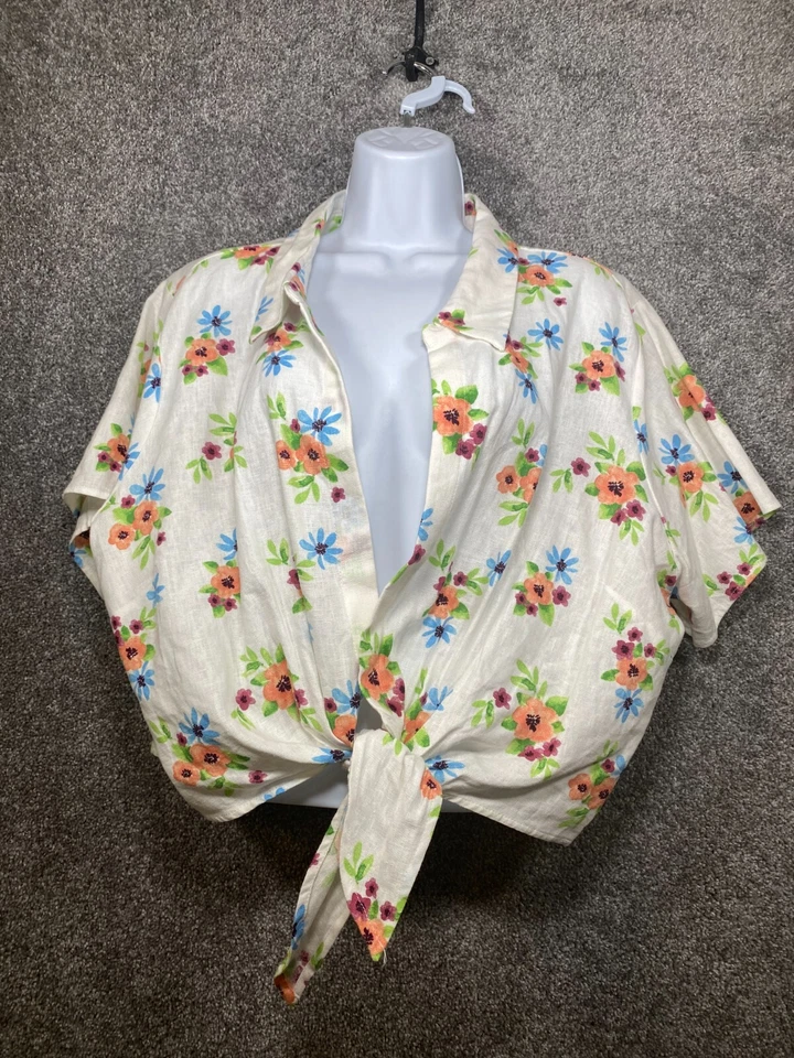 FOREVER 21 Plus 2X Camisa Blanca Floral Mezcla de Lino Corbata Abierta Frontal Recortada Playa Foto 1 de 4