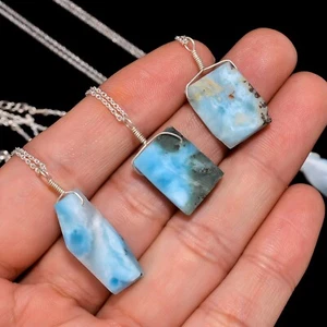 Natural Larimar Gemstone Pendant Necklace, 925 Sterling Silver Larimar Jewelry - Picture 1 of 7