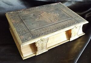 1874 Large family bible,  Leather bound, brass clasps, colour plates & extras