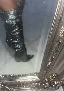 Plt Diamonte Rhinestone Slouch Over The Knee High Boots Fezzy Party Glam Cowboy 