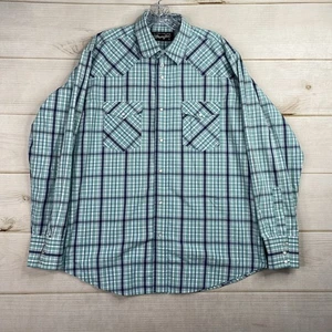 Wrangler Mens Pearl Snap Shirt Sz L Blue Plaid Western Long Sleeve Chest Pockets - Picture 1 of 11