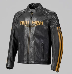 Triumph Herren schwarz Leder Biker Jacke gesteppt Moto Racer Stil gelber Besatz - Bild 1 von 9