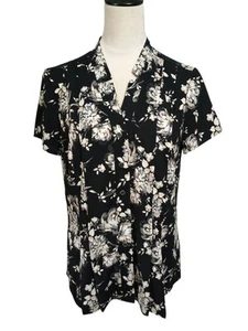 Dana Buchman SZ Medium Blouse Button Up Black Tan Floral Short Sleeve Office - Picture 1 of 14