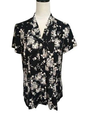Blusa Dana Buchman Talla Mediana Abotonada Negra Tostada Floral Manga Corta Oficina Foto 1 de 4