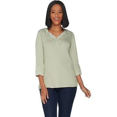 Quacker Factory Size 3X Sage Green Lacey Scallop Embroidered 3/4 Sleeve Top - Image 1 of 4