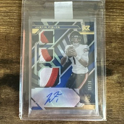 2021 Panini XR - Rookie Triple Patch Auto Justin Fields Blue /20 (AU, MEM, RC) - Image 1 of 2