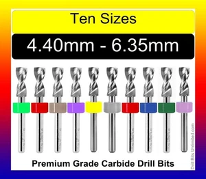 Drill Bit Set 10 Sizes From 4.40mm to 6.35mm .173 to .250" Carbide 1/8 Shank C7 - Picture 1 of 4