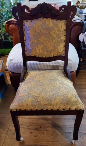 Antique Eastlake Chair Ornate Beautiful Yellow Floral Upholstery Wheels Cover