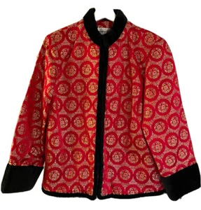 Vintage Silk Chinese Embroidered Fully Lined Jacket Red W/ Black Faux Fur Trim - Picture 1 of 17
