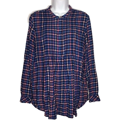 Gap Maternity Womens M Half Button Flannel Top Blue Plaid Long Sleeve Pullover - Image 1 of 4