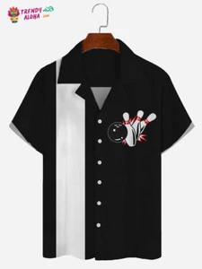 Mens Retro Bowling Print Trendy Aloha Shirt - Picture 1 of 2