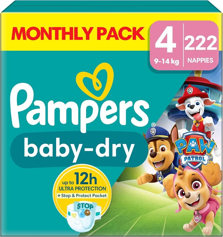 Pampers Baby-dry Paw Patrol Edition Size 4 222 Nappies 9kg - 14kg Monthly Pack