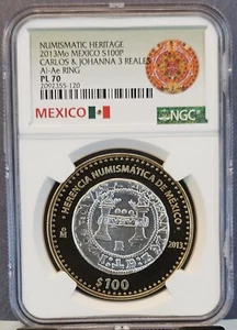 2013 MEXICO SILVER 100 PESOS CARLOS & JOHANNA 3 REALES NGC PL 70 TOP POP PERFECT - Picture 1 of 3