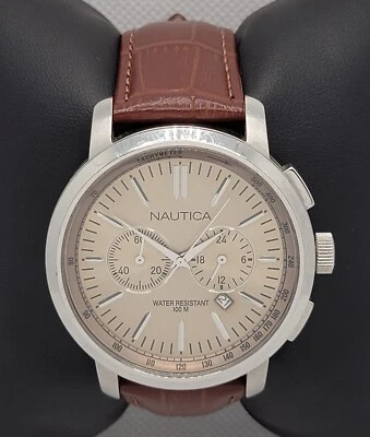 Mens Nautica Chronograph Silver Tone Bronze Dial Brown Leather Watch N19573G K5 - Image 1 of 4