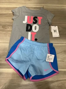 Nike Girls Gray Tee Shirt & Blue Shorts Athletic 2 Piece Set Size 6 - Picture 1 of 8
