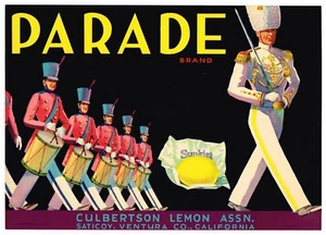 ORIGINAL 1930S PARADE LEMON CRATE LABEL VENTURA SATICOY MARCHING BAND VINTAGE  - Picture 1 of 1