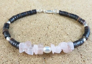 New Pink Rose Quartz Gemstone Wht Pearl Penn Shell Sterling Silver Bracelet #512 - Picture 1 of 11