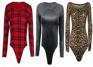 Women Plus Size Wet Look Long Sleeve Leopard Print Bodysuit Vest Tops 8-26 - Picture 1 of 6