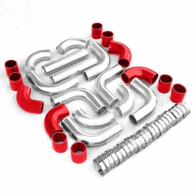 Universal 12Pcs 2.5" RED COUPLER+ SLIVER INTERCOOLER PIPING KIT + T-Bolt CLAMPS - Image 1 of 4