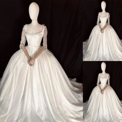 Vintage White Ivory Wedding Dresses with Mid Length Square Neck Lace Bridal Gown - Image 1 of 4